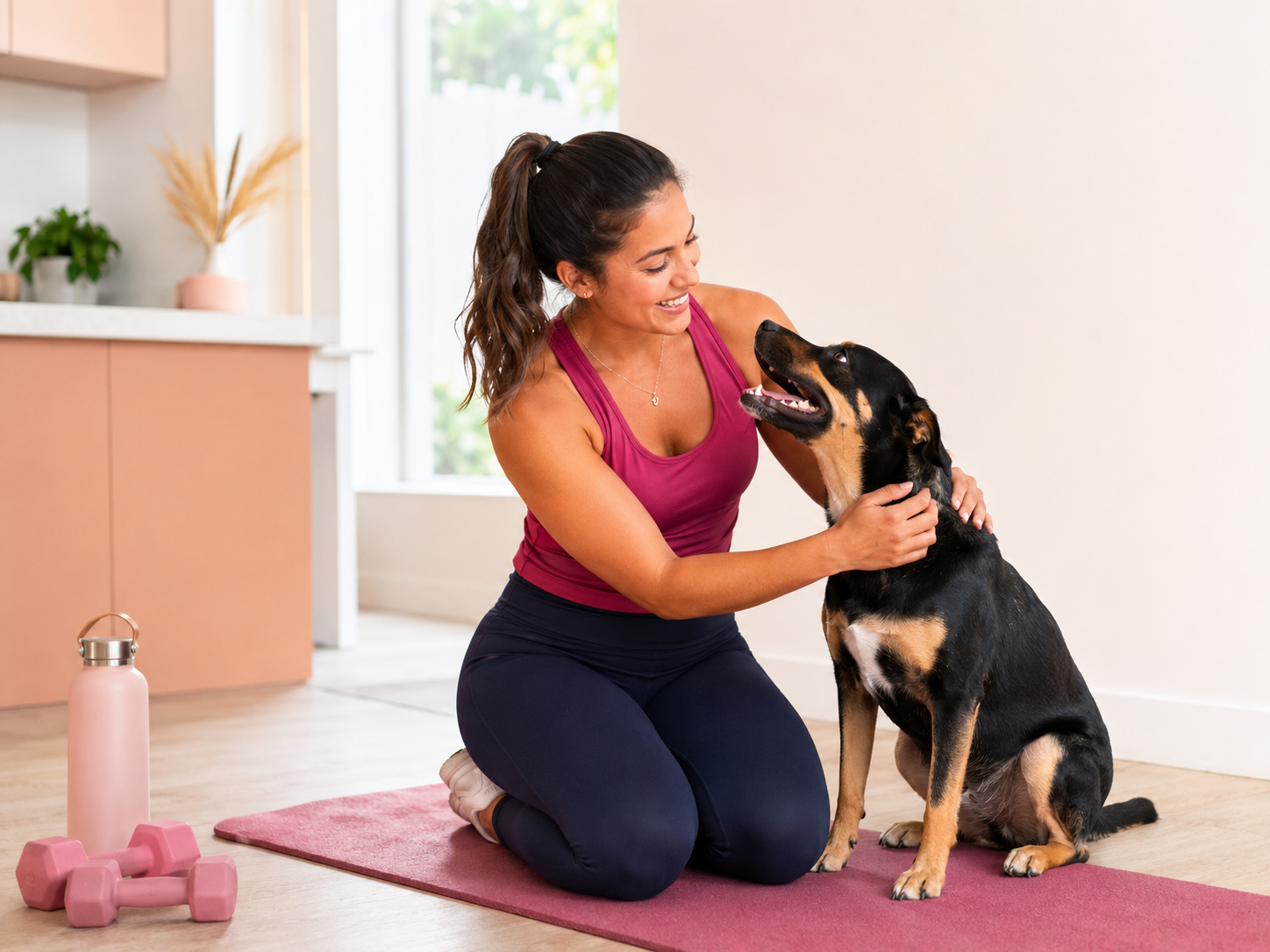 A dog owner exercising at home with their dog